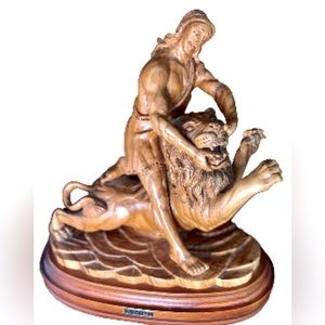 Vintage Authentic Samson Slaying The Lion Olive Wood Statue Olivart “Holy Land “